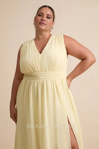 Gorgeous for women Lemon Yellow Chiffon V-Neck Sleeveless Ruched Waist High Slit A-Line Maxi Dress Prom Dress (Plus Size Available)