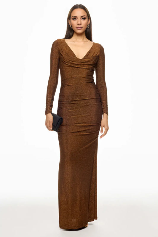 Gorgeous for women Long-Sleeve Ruched Metallic Mermaid Maxi Dress Prom Dress