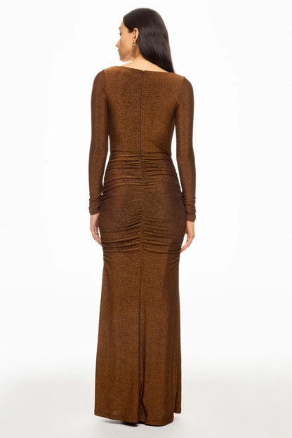 Gorgeous for women Long-Sleeve Ruched Metallic Mermaid Maxi Dress Prom Dress