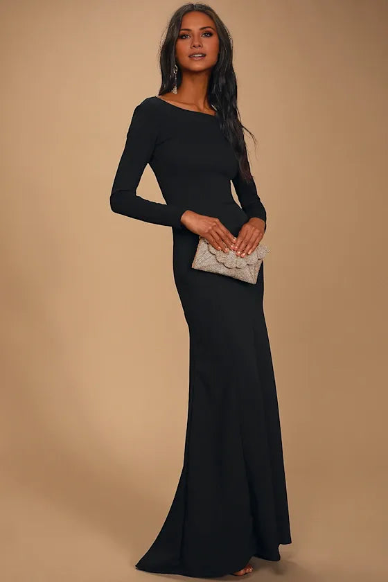Gorgeous for women Long Sleeve Boat Neck Open-Back Mermaid Maxi Dress Prom Dress