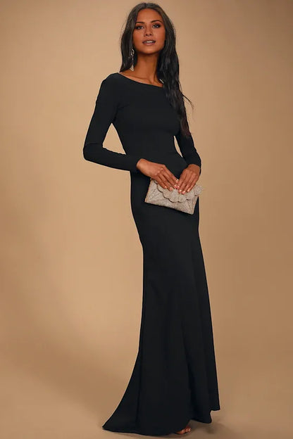 Gorgeous for women Long Sleeve Boat Neck Open-Back Mermaid Maxi Dress Prom Dress