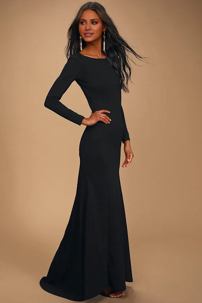 Gorgeous for women Long Sleeve Boat Neck Open-Back Mermaid Maxi Dress Prom Dress