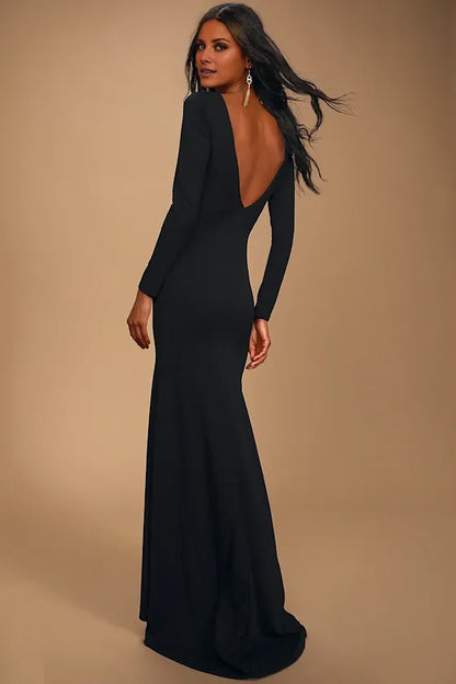 Gorgeous for women Long Sleeve Boat Neck Open-Back Mermaid Maxi Dress Prom Dress