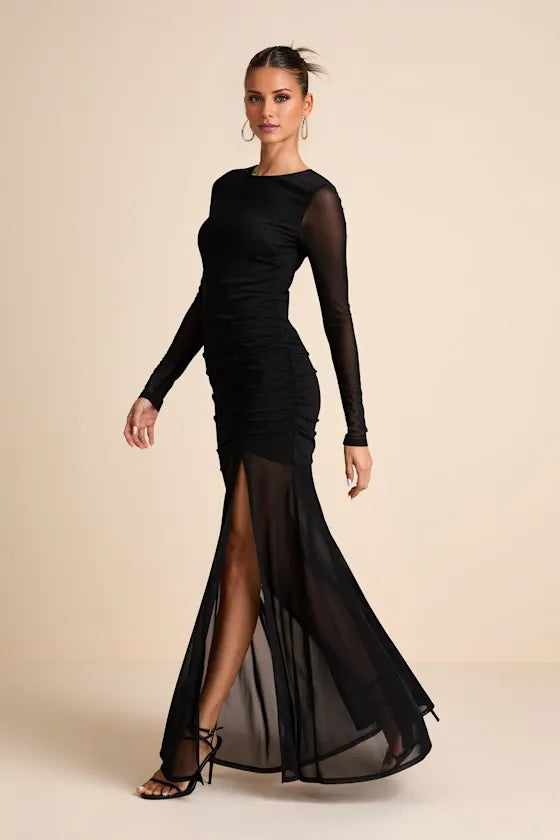 Gorgeous for women Long Sleeve Sheer Overlay Ruched High-Slit Maxi Dress Prom Dress