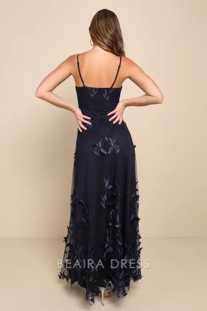 Gorgeous for women Navy Blue Chiffon Spaghetti Strap Square Neck 3D Leaf Appliqué High Slit A-Line Maxi Dress Prom Dress(Available in Plus Size)