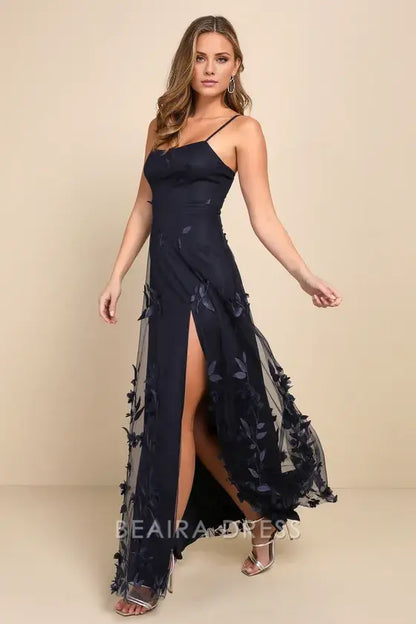 Gorgeous for women Navy Blue Chiffon Spaghetti Strap Square Neck 3D Leaf Appliqué High Slit A-Line Maxi Dress Prom Dress(Available in Plus Size)