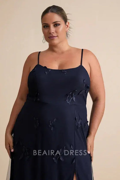Gorgeous for women Navy Blue Chiffon Spaghetti Strap Square Neck 3D Leaf Appliqué High Slit A-Line Maxi Dress Prom Dress(Available in Plus Size)