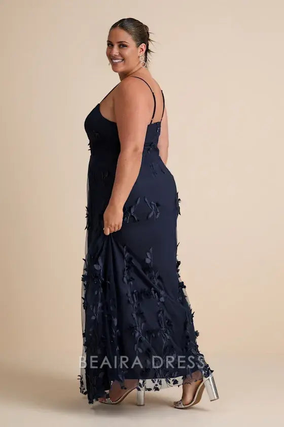 Gorgeous for women Navy Blue Chiffon Spaghetti Strap Square Neck 3D Leaf Appliqué High Slit A-Line Maxi Dress Prom Dress(Available in Plus Size)