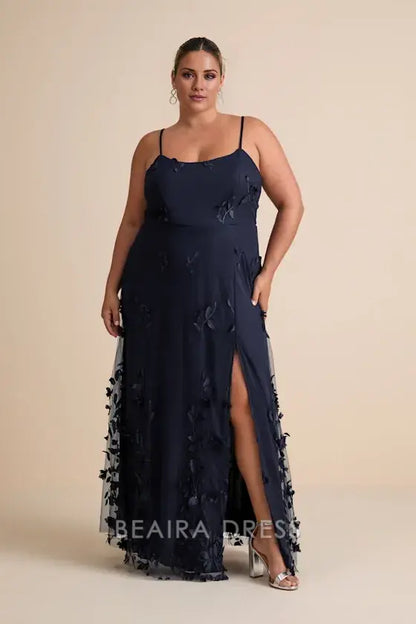 Gorgeous for women Navy Blue Chiffon Spaghetti Strap Square Neck 3D Leaf Appliqué High Slit A-Line Maxi Dress Prom Dress(Available in Plus Size)