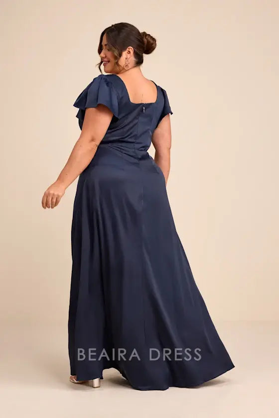 Gorgeous for women Navy Blue Satin Plus Size Square Neck Ruffled Short Sleeve High Slit Maxi Dress Prom Dress