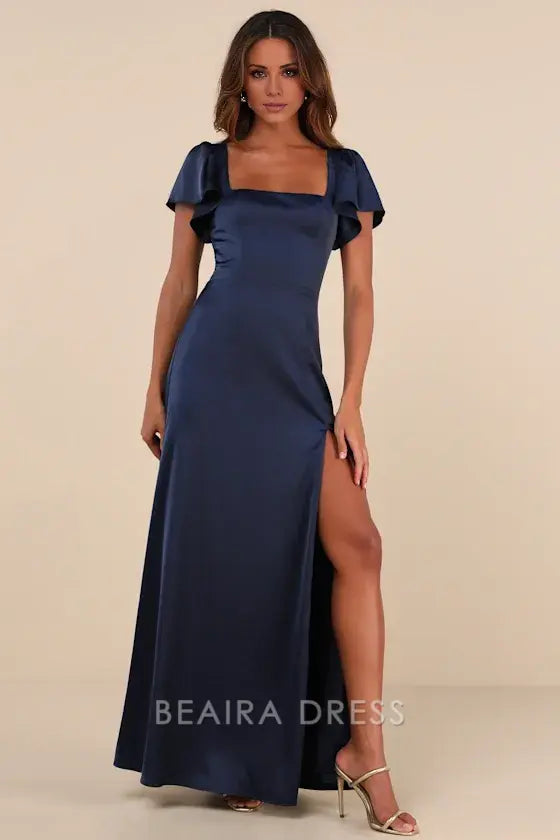 Gorgeous for women Navy Blue Satin Plus Size Square Neck Ruffled Short Sleeve High Slit Maxi Dress Prom Dress