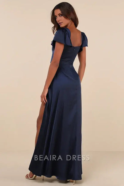 Gorgeous for women Navy Blue Satin Plus Size Square Neck Ruffled Short Sleeve High Slit Maxi Dress Prom Dress