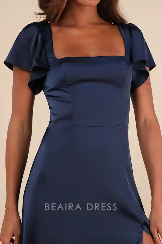 Gorgeous for women Navy Blue Satin Plus Size Square Neck Ruffled Short Sleeve High Slit Maxi Dress Prom Dress