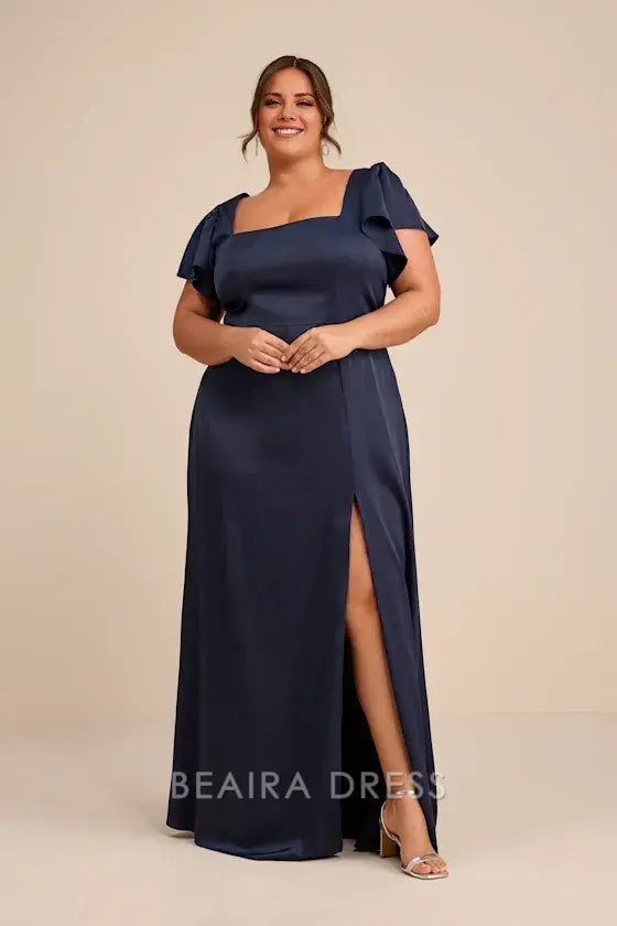 Gorgeous for women Navy Blue Satin Plus Size Square Neck Ruffled Short Sleeve High Slit Maxi Dress Prom Dress