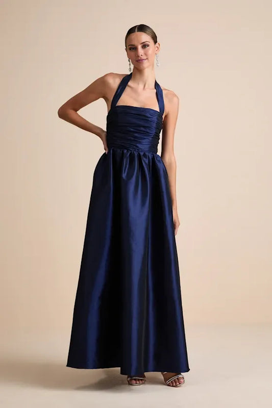 Gorgeous for women Navy Halter Neck Ruched Bodice Satin Open Back Ballgown Maxi Dress Prom Dress