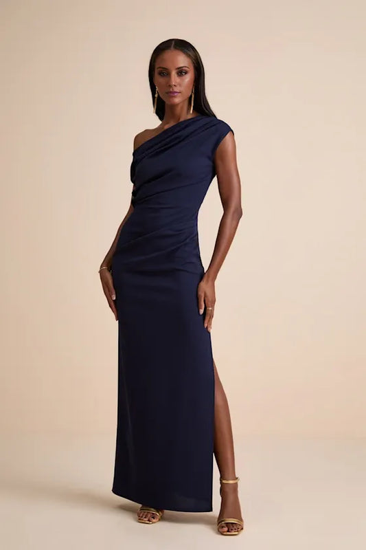Gorgeous for women Navy One-Shoulder Ruched Fitted High-Slit Maxi Dress Prom Dress