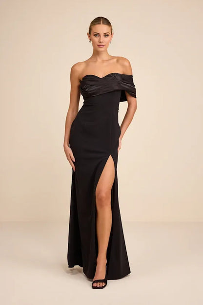 Gorgeous for women Off-the-Shoulder Draped Satin High-Slit Mermaid Maxi Dress Prom Dress