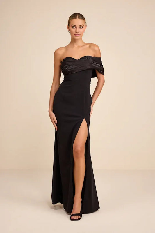 Gorgeous for women Off-the-Shoulder Draped Satin High-Slit Mermaid Maxi Dress Prom Dress