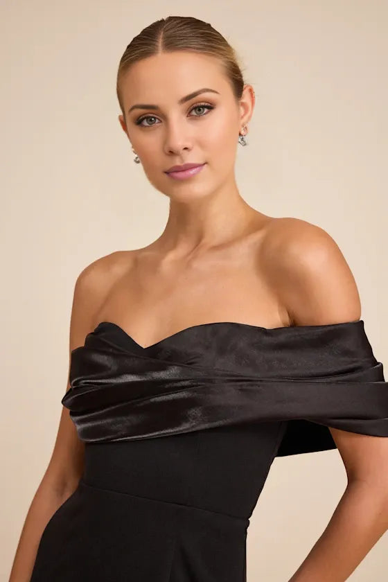 Gorgeous for women Off-the-Shoulder Draped Satin High-Slit Mermaid Maxi Dress Prom Dress