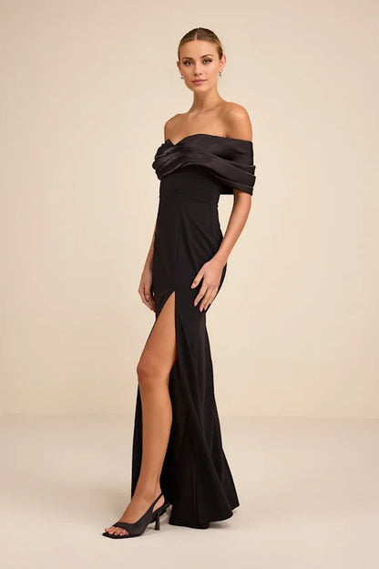 Gorgeous for women Off-the-Shoulder Draped Satin High-Slit Mermaid Maxi Dress Prom Dress