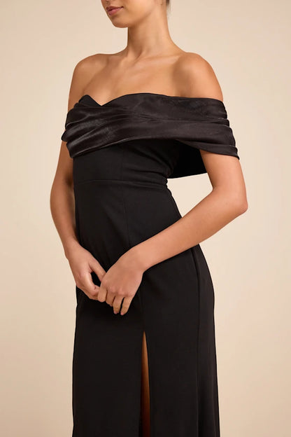 Gorgeous for women Off-the-Shoulder Draped Satin High-Slit Mermaid Maxi Dress Prom Dress