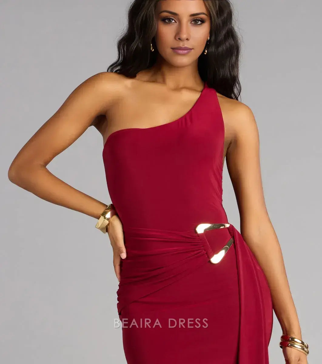 Gorgeous for women One-Shoulder Open-Back Buckle-Accent Mermaid Maxi Dress Prom Dress