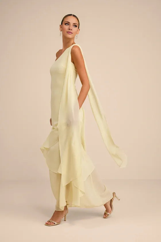 Gorgeous for women Pale Yellow Chiffon One-Shoulder Drape Sleeveless Tiered Ruffled Maxi Dress Prom Dress