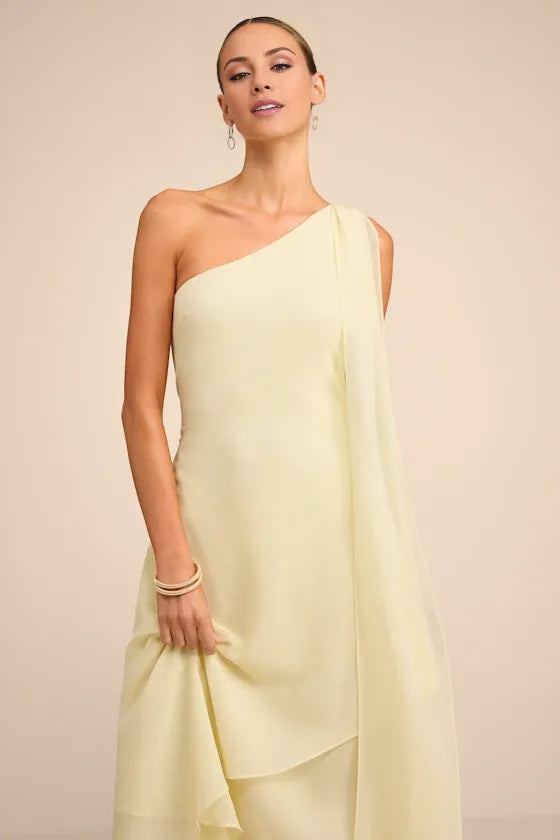 Gorgeous for women Pale Yellow Chiffon One-Shoulder Drape Sleeveless Tiered Ruffled Maxi Dress Prom Dress