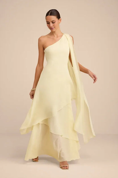 Gorgeous for women Pale Yellow Chiffon One-Shoulder Drape Sleeveless Tiered Ruffled Maxi Dress Prom Dress