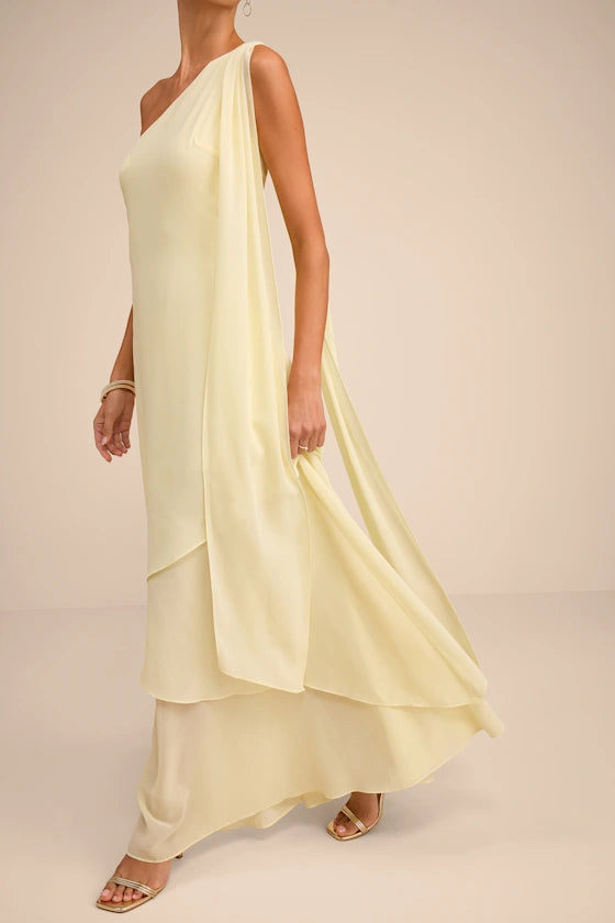 Gorgeous for women Pale Yellow Chiffon One-Shoulder Drape Sleeveless Tiered Ruffled Maxi Dress Prom Dress