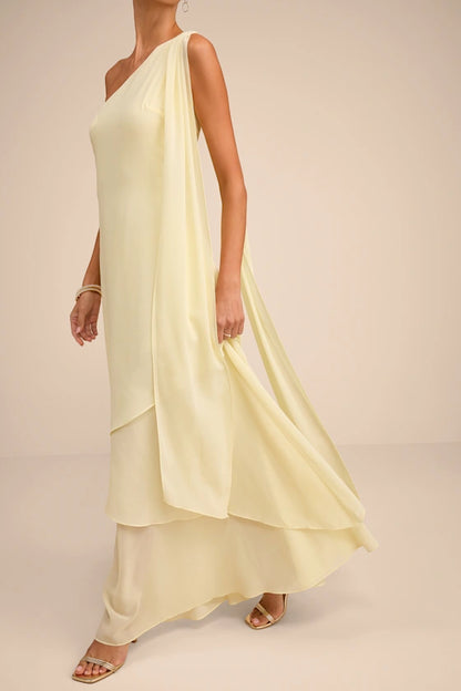 Gorgeous for women Pale Yellow Chiffon One-Shoulder Drape Sleeveless Tiered Ruffled Maxi Dress Prom Dress