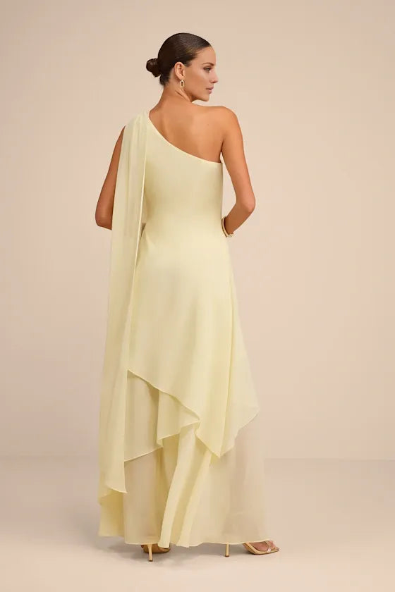 Gorgeous for women Pale Yellow Chiffon One-Shoulder Drape Sleeveless Tiered Ruffled Maxi Dress Prom Dress