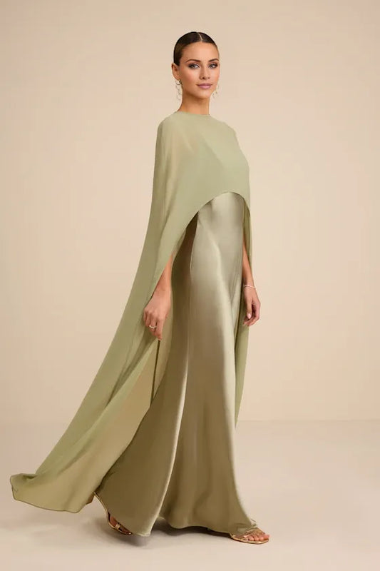 Gorgeous for women Sage Green Satin Maxi Dress with Sheer Cape Overlay Prom Dress