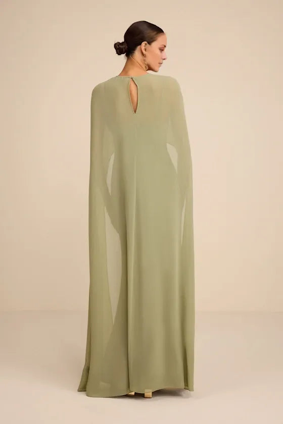 Gorgeous for women Sage Green Satin Maxi Dress with Sheer Cape Overlay Prom Dress