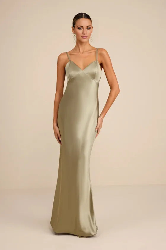 Gorgeous for women Sage Green Satin Maxi Dress with Sheer Cape Overlay Prom Dress