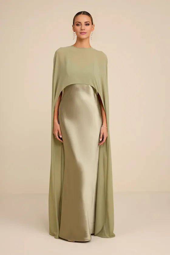 Gorgeous for women Sage Green Satin Maxi Dress with Sheer Cape Overlay Prom Dress