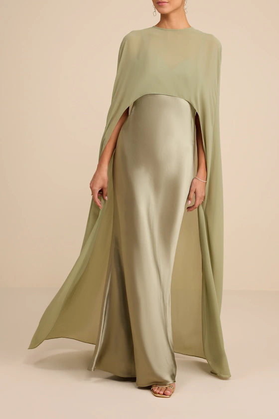 Gorgeous for women Sage Green Satin Maxi Dress with Sheer Cape Overlay Prom Dress