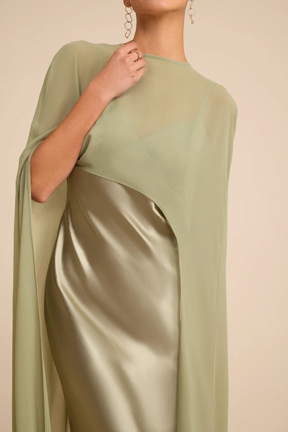 Gorgeous for women Sage Green Satin Maxi Dress with Sheer Cape Overlay Prom Dress