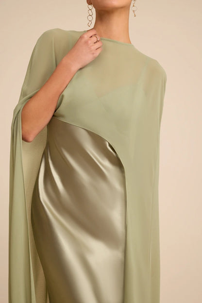 Gorgeous for women Sage Green Satin Maxi Dress with Sheer Cape Overlay Prom Dress