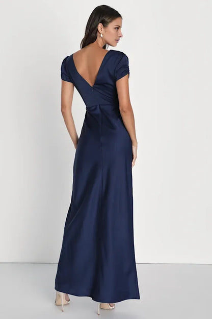 Gorgeous for women Satin Short Puff Sleeve V-Neck Deep V Open Back High Slit Floor-Length Prom Dress