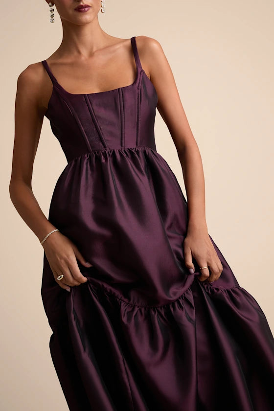 Gorgeous for women Satin Square Neck Spaghetti Strap Tiered Ruffled Maxi Dress with Lace-Up Back Prom Dress