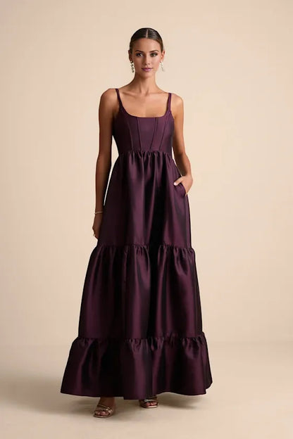 Gorgeous for women Satin Square Neck Spaghetti Strap Tiered Ruffled Maxi Dress with Lace-Up Back Prom Dress