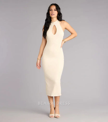 Gorgeous for women Sheath/Column Halter Neck Keyhole Rib Knit Midi Dress Prom Dress