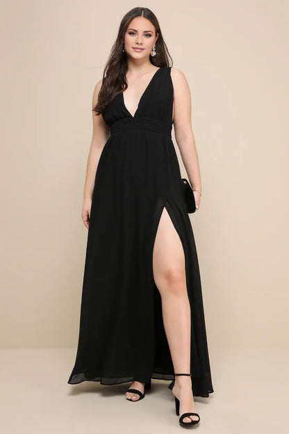 Gorgeous for women Sleeveless Plunging V-Neck Chiffon High-Slit Maxi Dress (Plus Size) Prom Dress