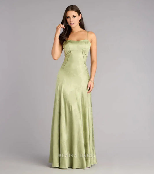 Gorgeous for women Spaghetti Strap Brocade Satin Maxi Dress with Lace-Up Back Prom Dress