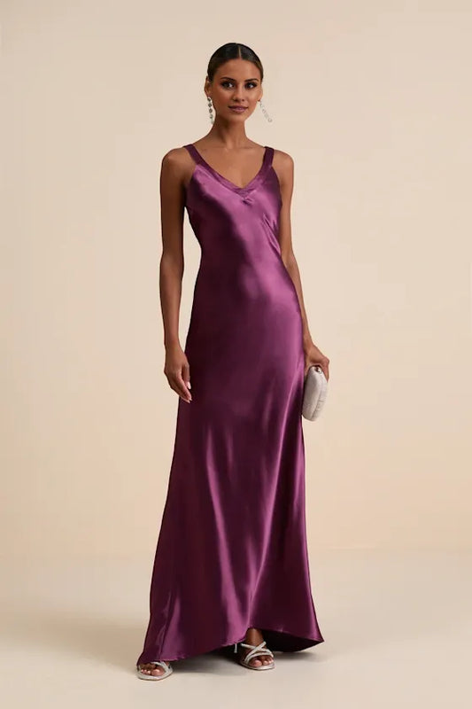 Gorgeous for women Spaghetti Strap Cross-Back Plum Satin Maxi Dress Prom Dress