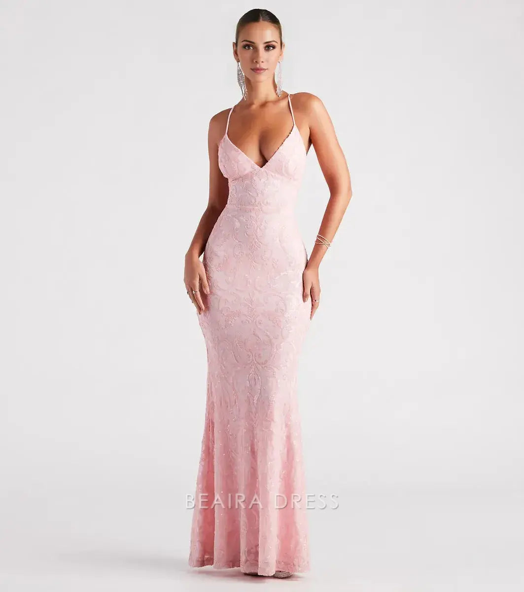 Gorgeous for women Spaghetti Strap Lace-Up Back Embellished Mermaid Maxi Dress Prom Dress