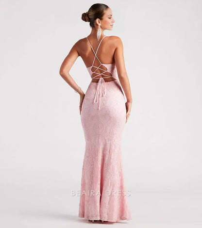 Gorgeous for women Spaghetti Strap Lace-Up Back Embellished Mermaid Maxi Dress Prom Dress