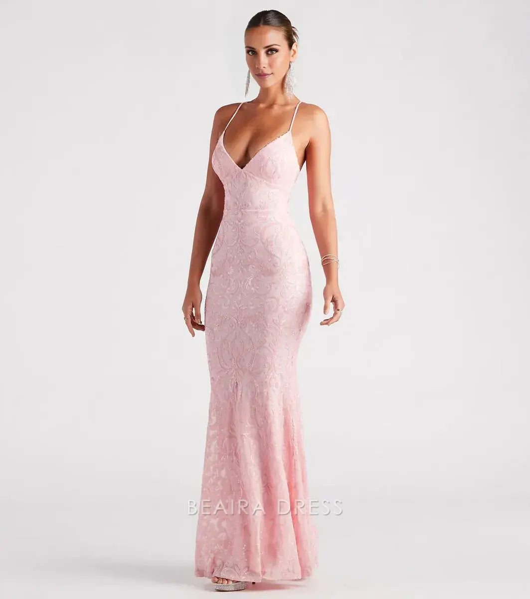 Gorgeous for women Spaghetti Strap Lace-Up Back Embellished Mermaid Maxi Dress Prom Dress