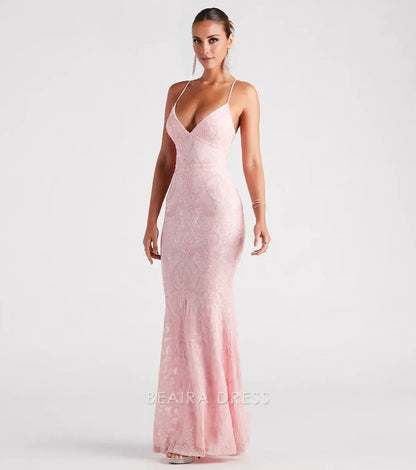 Gorgeous for women Spaghetti Strap Lace-Up Back Embellished Mermaid Maxi Dress Prom Dress